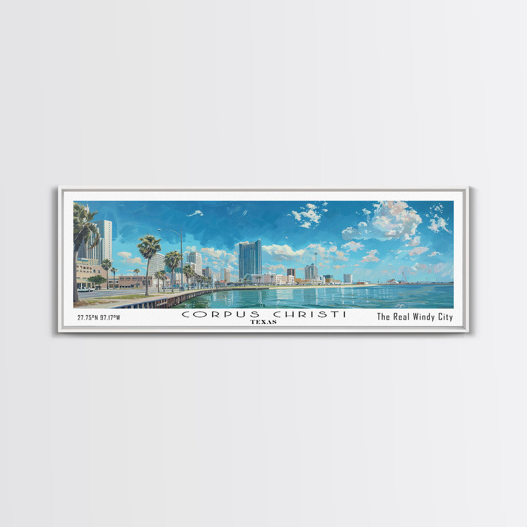 Corpus Christi Texas Panoramic Watercolor Painting, Scenic Framed Canvas Print, Coastal Wall Art for Living Room, Travel Decor, City Print, Vacation Gift