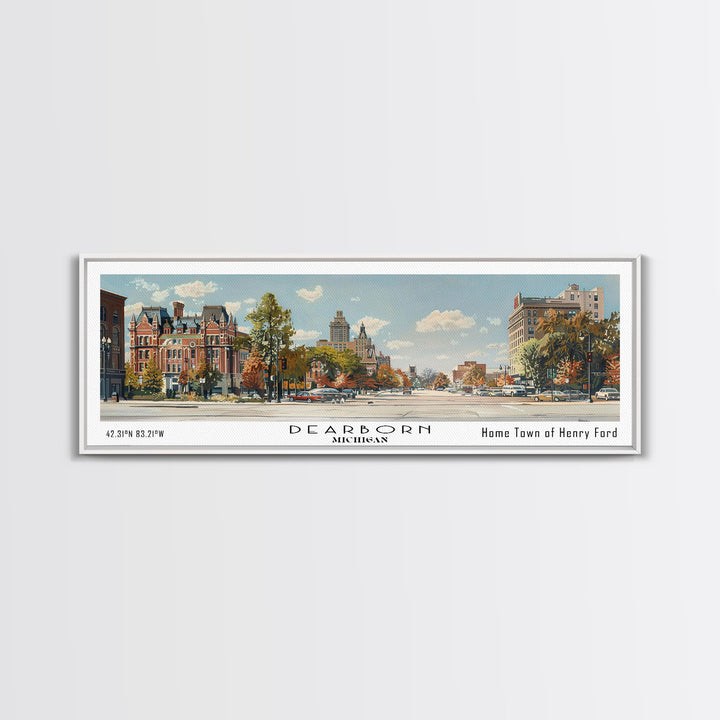 Dearborn Michigan Panoramic Watercolor Painting, Scenic Framed Canvas Print, Urban Wall Art for Living Room, Travel Decor, City Print, Gift Idea