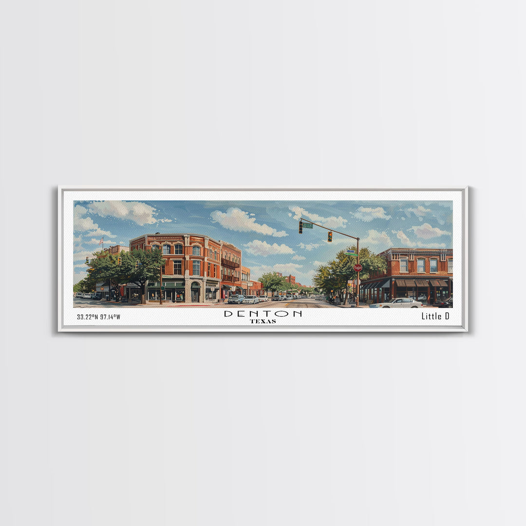 Denton Texas Panoramic Watercolor Painting, Scenic Framed Canvas Print, Urban Wall Art for Living Room, Travel Decor, City Print, Gift Idea