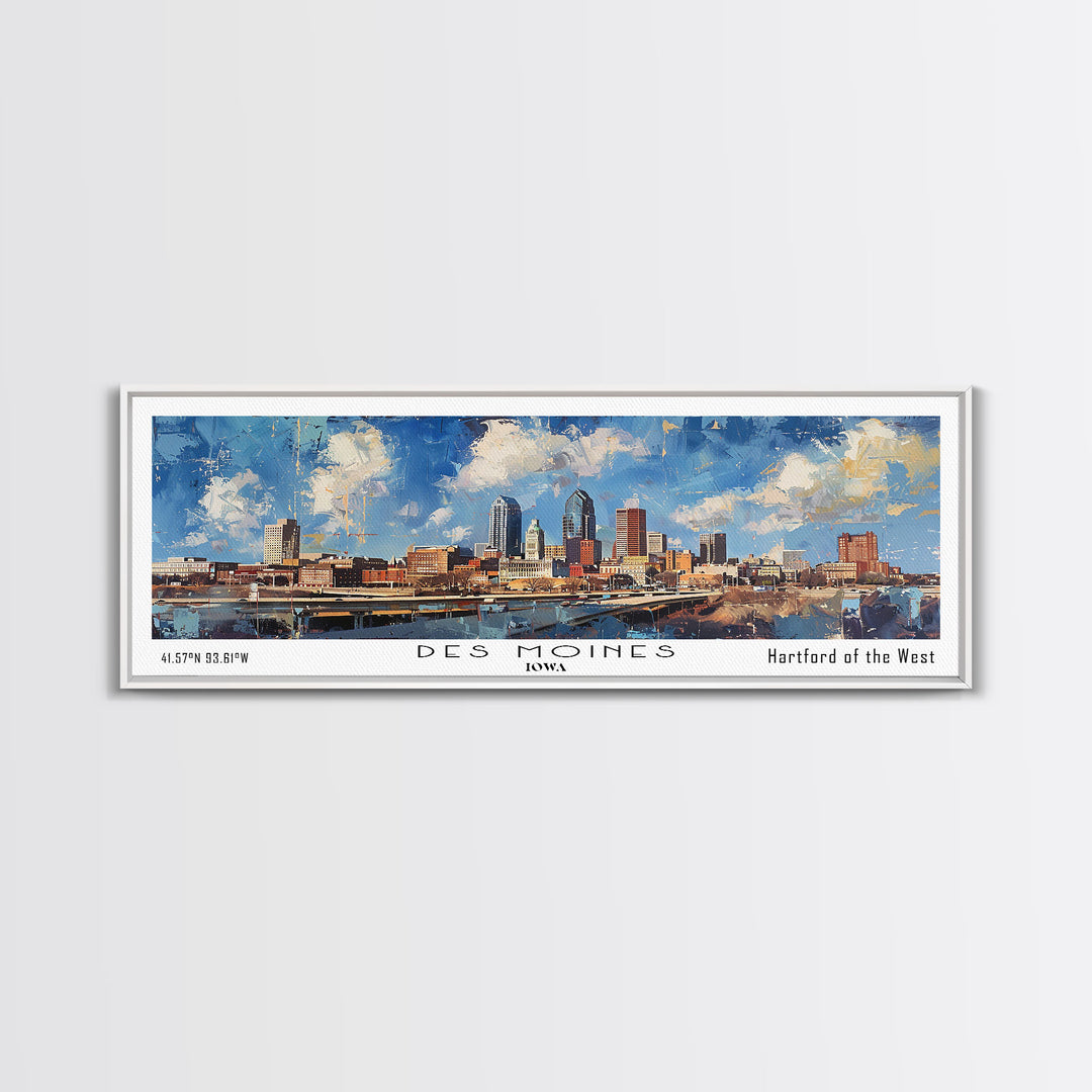 Des Moines Iowa Panoramic Watercolor Painting, Scenic Framed Canvas Print, Urban Wall Art for Office, Travel Poster, Home Decor, City Gift Idea
