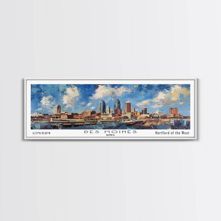 Des Moines Iowa Panoramic Watercolor Painting, Scenic Framed Canvas Print, Urban Wall Art for Office, Travel Poster, Home Decor, City Gift Idea