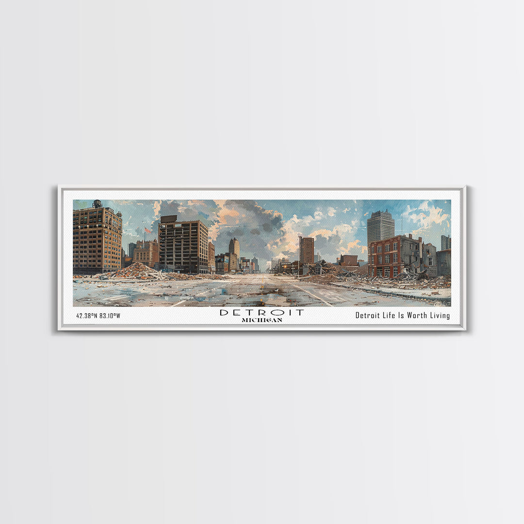 Detroit Michigan Panoramic Watercolor Painting, Scenic Framed Canvas Print, Urban Wall Art for Living Room, Travel Poster, Home Decor, City Gift Idea