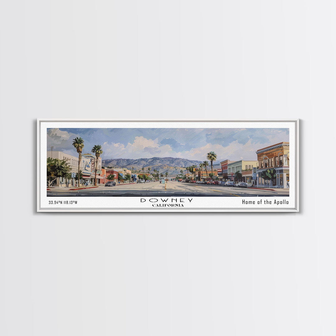 Downey California Panoramic Watercolor Painting, Scenic Framed Canvas Print, Urban Wall Art for Office, Travel Decor, City Print, Gift Idea