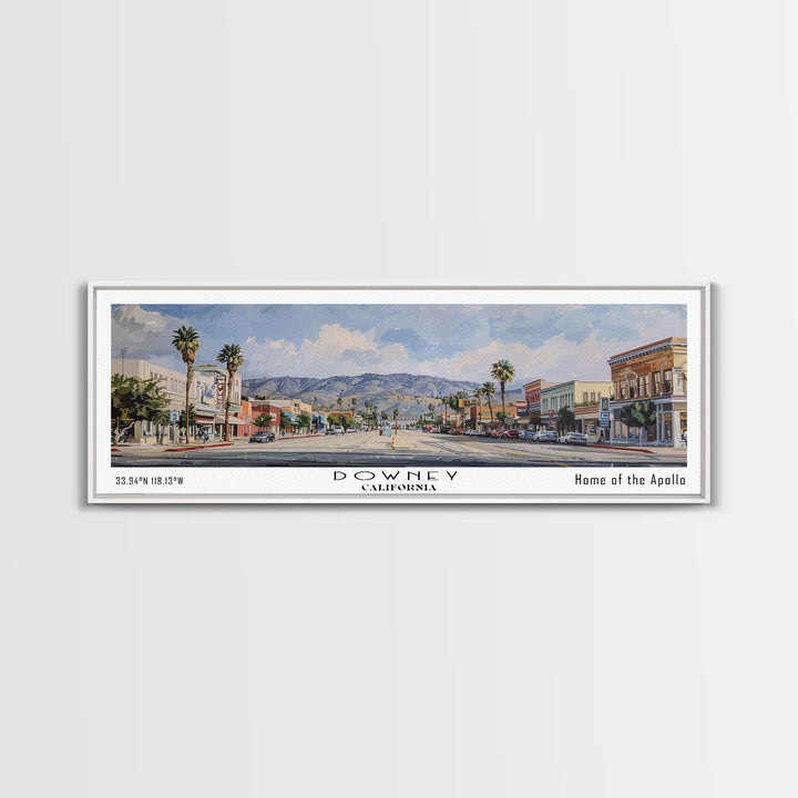 Downey California Panoramic Watercolor Painting, Scenic Framed Canvas Print, Urban Wall Art for Office, Travel Decor, City Print, Gift Idea