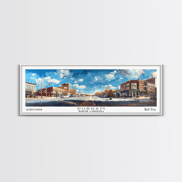 Durham North Carolina Panoramic Watercolor Painting, Scenic Framed Canvas Print, Urban Wall Art for Living Room, Travel Decor, City Print, Gift Idea