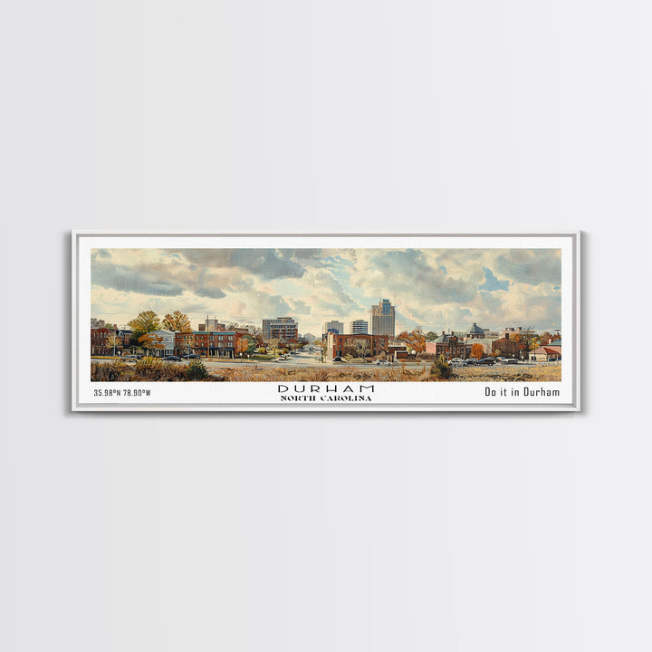 Durham North Carolina Panoramic Watercolor Painting, Scenic Framed Canvas Print, Urban Wall Art for Living Room, Travel Decor, City Print, Gift Idea