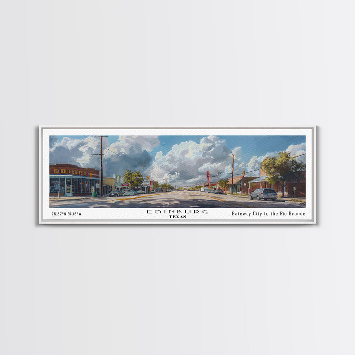 Edinburg Texas Panoramic Watercolor Painting, Scenic Framed Canvas Print, Urban Wall Art for Office, Travel Poster, Home Decor, City Gift Idea