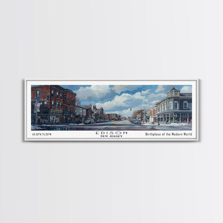 Edison New Jersey Panoramic Watercolor Painting, Scenic Framed Canvas Print, Urban Wall Art for Living Room, Travel Poster, Home Decor, City Gift Idea