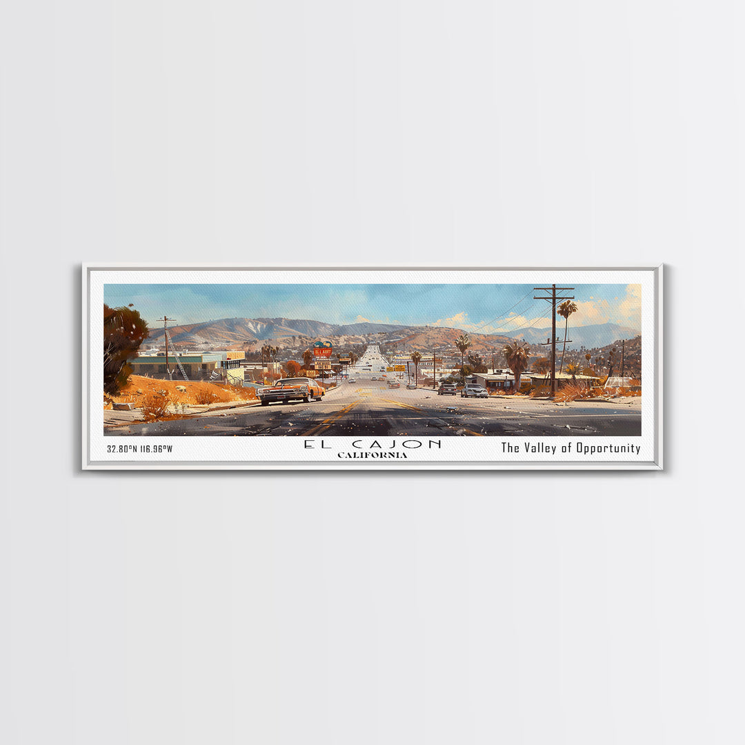 El Cajon California Panoramic Watercolor Painting, Scenic Framed Canvas Print, Urban Wall Art for Office, Travel Decor, City Print, Gift Idea