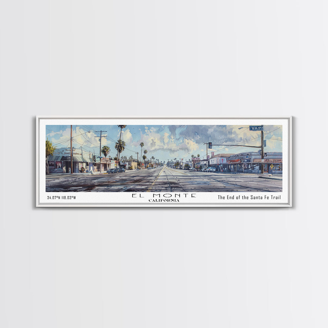 El Monte California Panoramic Watercolor Painting, Scenic Framed Canvas Print, Urban Wall Art for Office, Travel Decor, City Print, Gift Idea