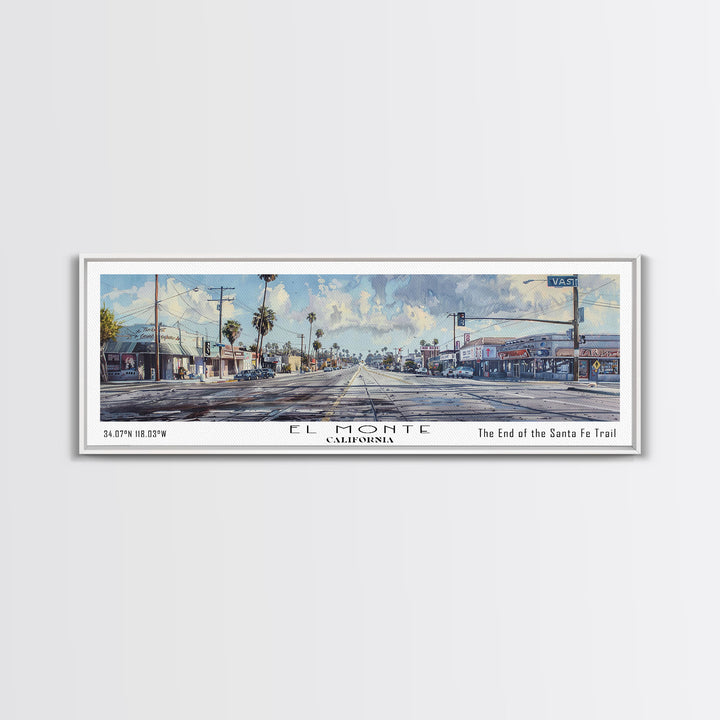 El Monte California Panoramic Watercolor Painting, Scenic Framed Canvas Print, Urban Wall Art for Office, Travel Decor, City Print, Gift Idea