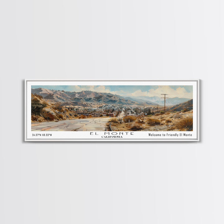 El Monte California Panoramic Watercolor Painting, Scenic Framed Canvas Print, Urban Wall Art for Office, Travel Decor, City Print, Gift Idea