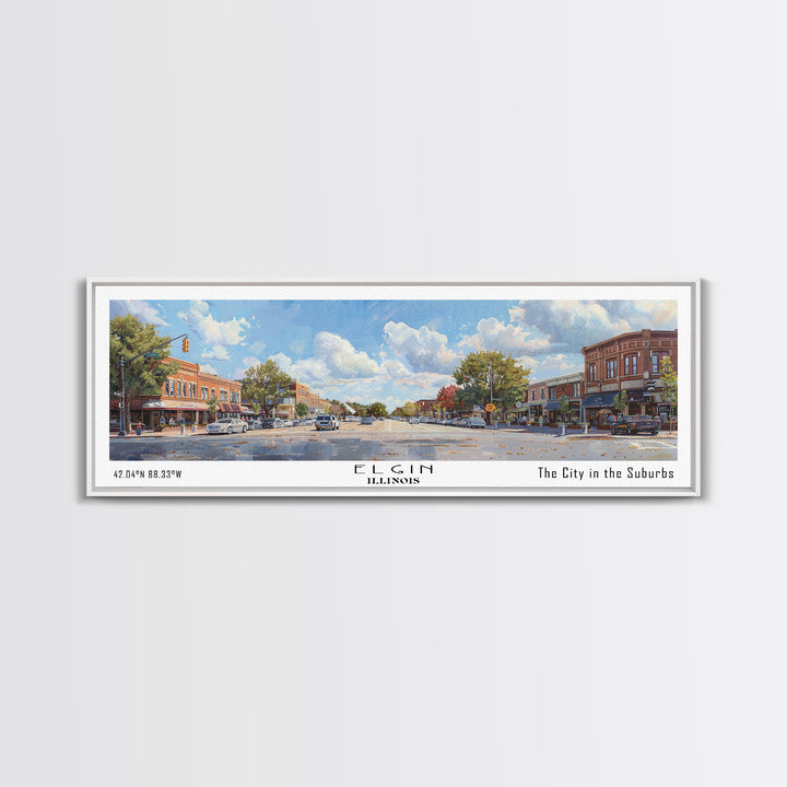 Elgin Illinois Panoramic Watercolor Painting, Scenic Framed Canvas Print, Urban Wall Art for Living Room, Travel Poster, Home Decor, City Gift Idea