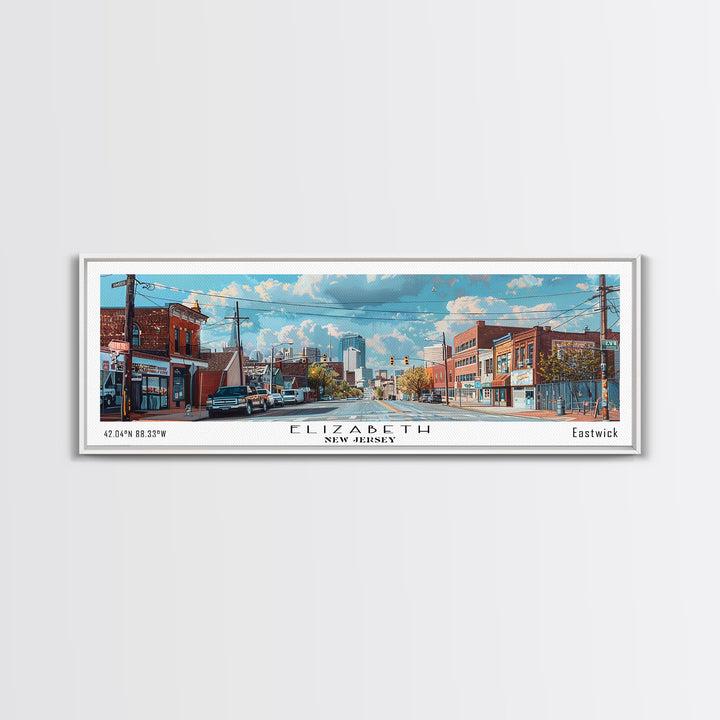 Elizabeth New Jersey Panoramic Watercolor Painting, Scenic Framed Canvas Print, Urban Wall Art for Office, Travel Decor, City Print, Gift Idea