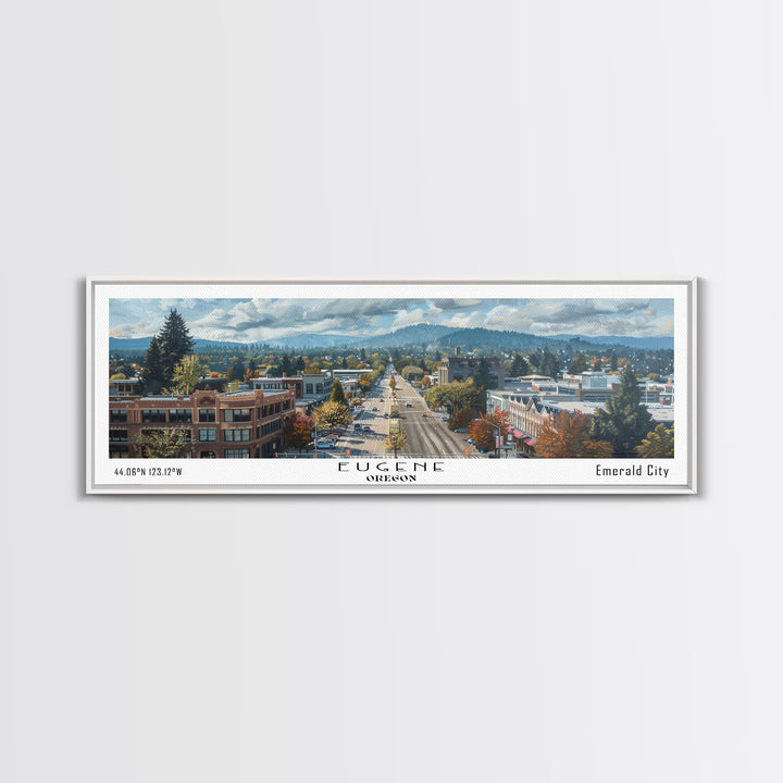 Eugene Oregon Panoramic Watercolor Painting, Scenic Framed Canvas Print, Urban Wall Art for Office, Travel Poster, Home Decor, City Gift Idea
