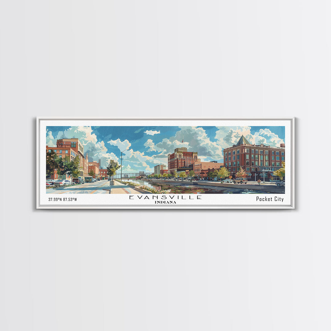 Evansville Indiana Panoramic Watercolor Painting, Scenic Framed Canvas Print, Urban Wall Art for Living Room, Travel Poster, Home Decor, City Gift Idea