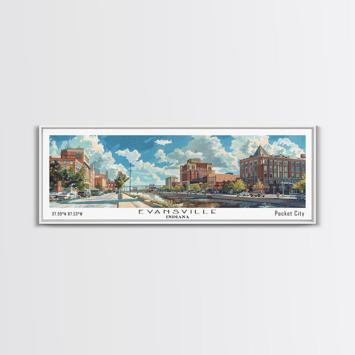Evansville Indiana Panoramic Watercolor Painting, Scenic Framed Canvas Print, Urban Wall Art for Living Room, Travel Poster, Home Decor, City Gift Idea