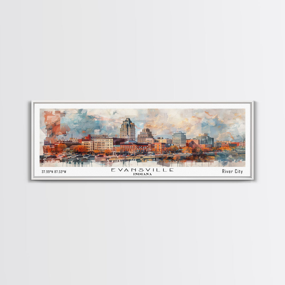 Evansville Indiana Panoramic Watercolor Painting, Scenic Framed Canvas Print, Urban Wall Art for Living Room, Travel Poster, Home Decor, City Gift Idea