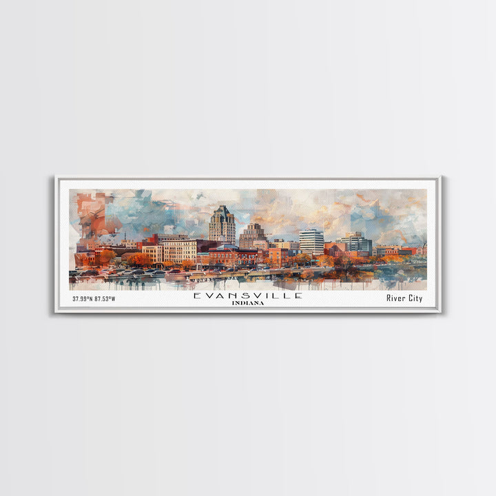 Evansville Indiana Panoramic Watercolor Painting, Scenic Framed Canvas Print, Urban Wall Art for Living Room, Travel Poster, Home Decor, City Gift Idea