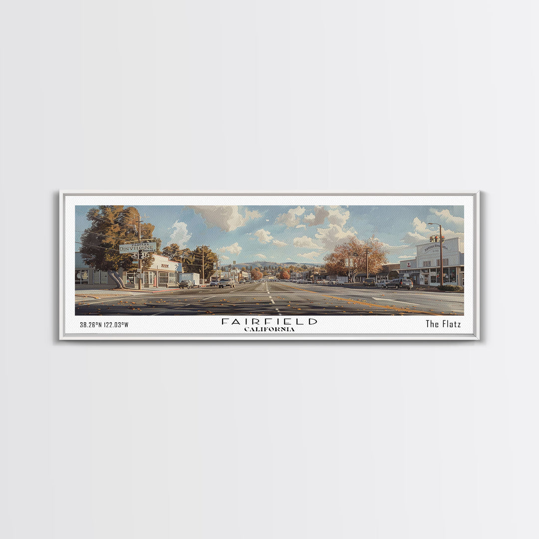 Fairfield California Panoramic Watercolor Painting, Scenic Framed Canvas Print, Urban Wall Art for Living Room, Travel Poster, Home Decor, City Gift Idea