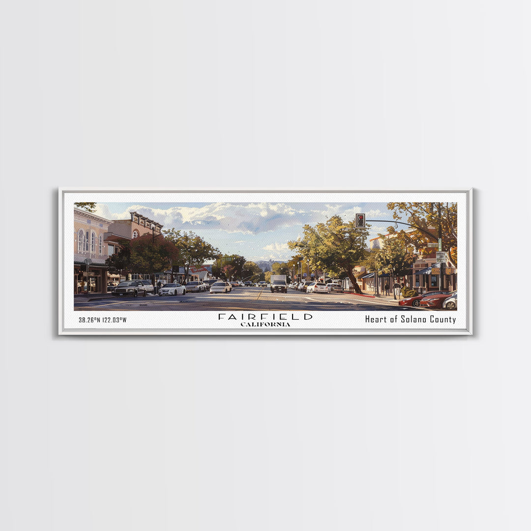 Fairfield California Panoramic Watercolor Painting, Scenic Framed Canvas Print, Urban Wall Art for Living Room, Travel Poster, Home Decor, City Gift Idea