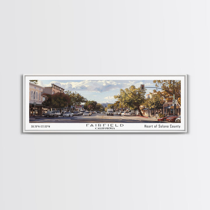 Fairfield California Panoramic Watercolor Painting, Scenic Framed Canvas Print, Urban Wall Art for Living Room, Travel Poster, Home Decor, City Gift Idea