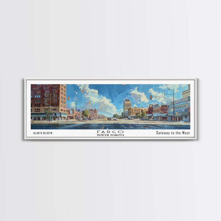 Fargo North Carolina Panoramic Watercolor Painting, Scenic Framed Canvas Print, Urban Wall Art for Office, Travel Decor, City Print, Gift Idea