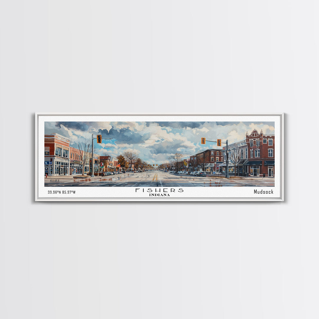 Fishers Indiana Panoramic Watercolor Painting, Scenic Framed Canvas Print, Urban Wall Art for Office, Travel Decor, City Print, Gift Idea
