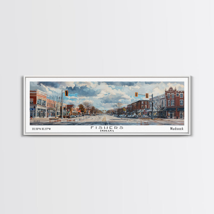 Fishers Indiana Panoramic Watercolor Painting, Scenic Framed Canvas Print, Urban Wall Art for Office, Travel Decor, City Print, Gift Idea