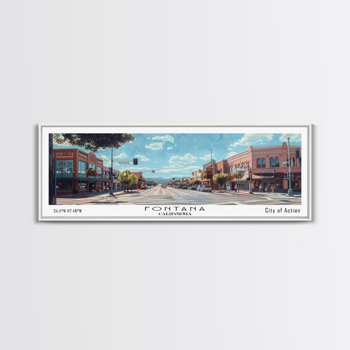 Fontana California Panoramic Watercolor Painting, Scenic Framed Canvas Print, Urban Wall Art for Living Room, Travel Poster, Home Decor, City Gift Idea