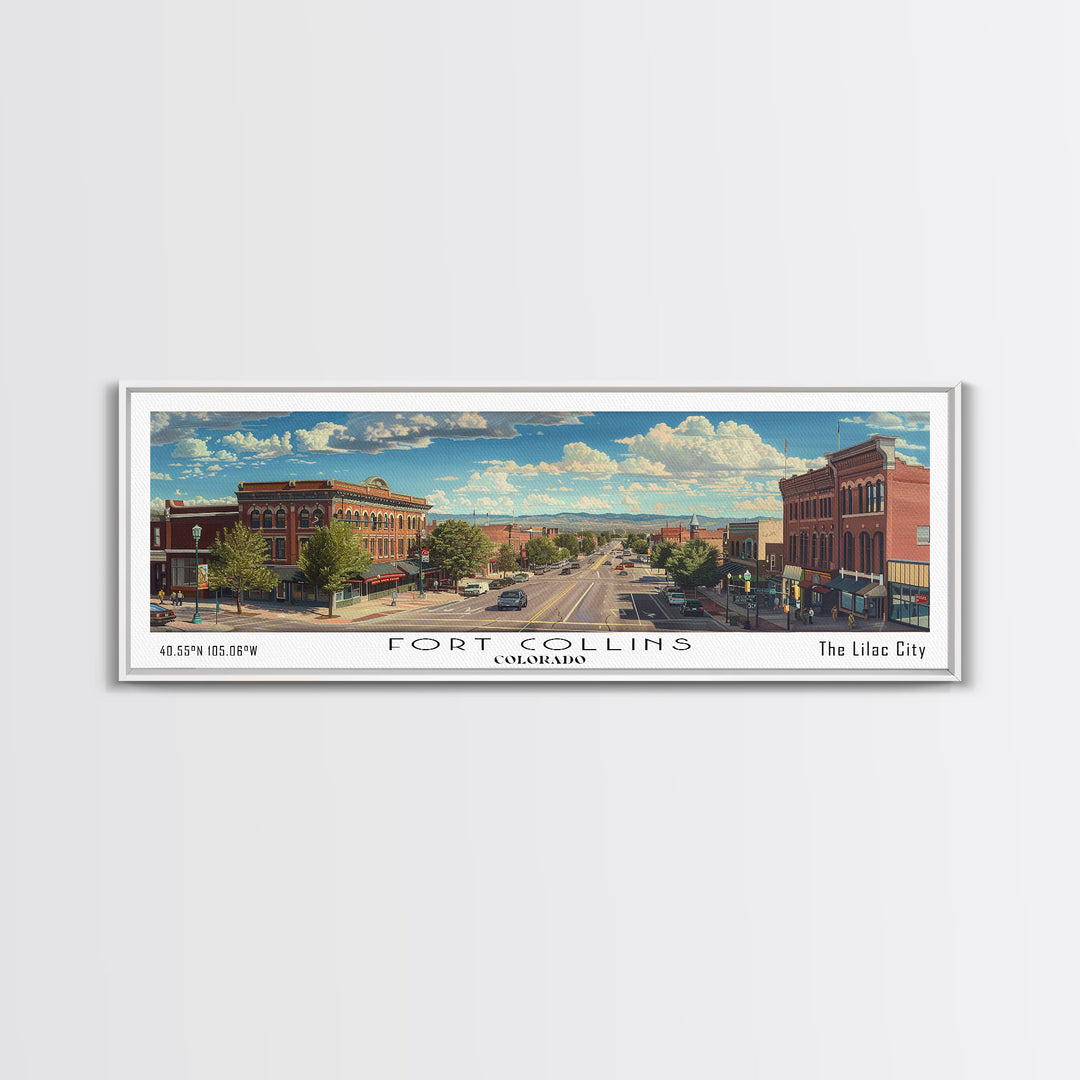 Fort Collins Colorado Panoramic Watercolor Painting, Scenic Framed Canvas Print, Urban Wall Art for Office, Travel Decor, City Print, Gift Idea