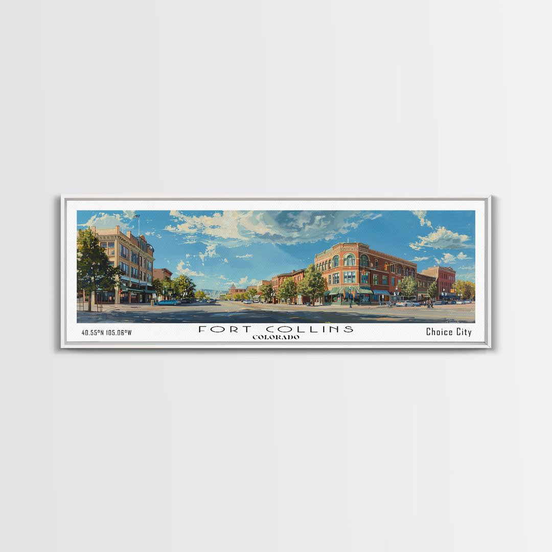 Fort Collins Colorado Panoramic Watercolor Painting, Scenic Framed Canvas Print, Urban Wall Art for Office, Travel Decor, City Print, Gift Idea