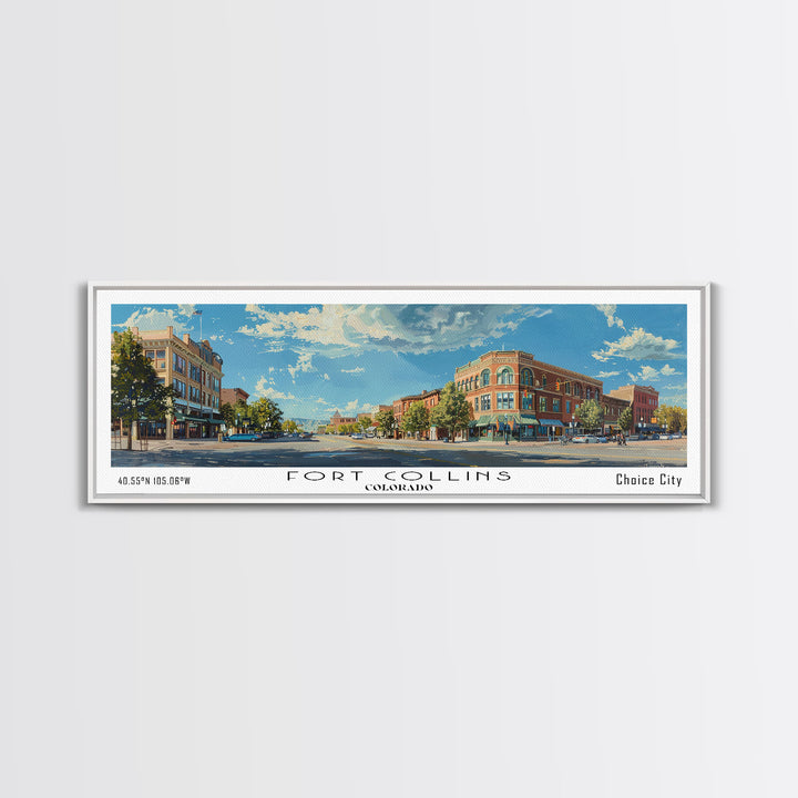 Fort Collins Colorado Panoramic Watercolor Painting, Scenic Framed Canvas Print, Urban Wall Art for Office, Travel Decor, City Print, Gift Idea