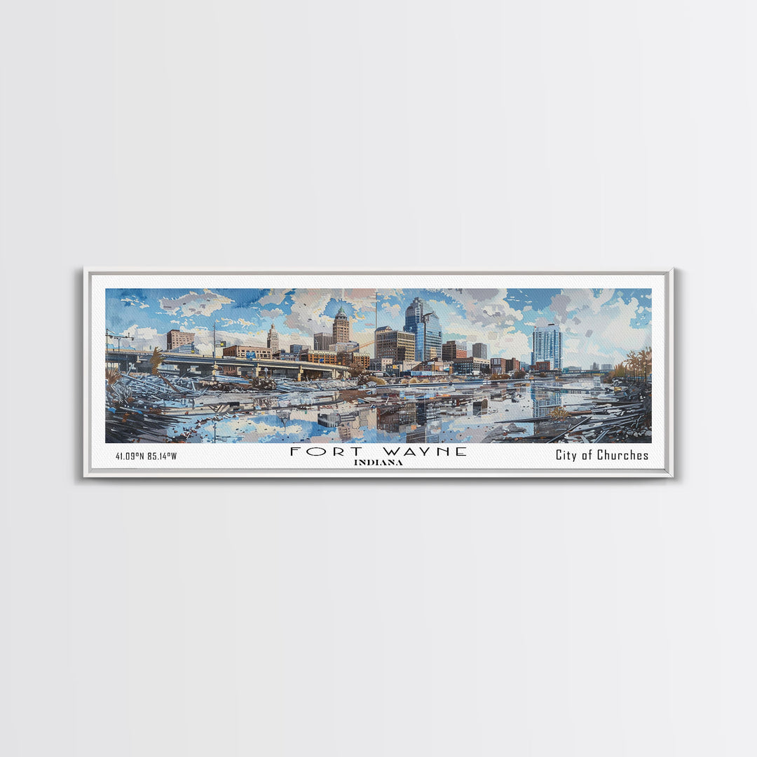 Fort Wayne Indiana Panoramic Watercolor Painting, Scenic Framed Canvas Print, Urban Wall Art for Office, Travel Decor, City Print, Gift Idea