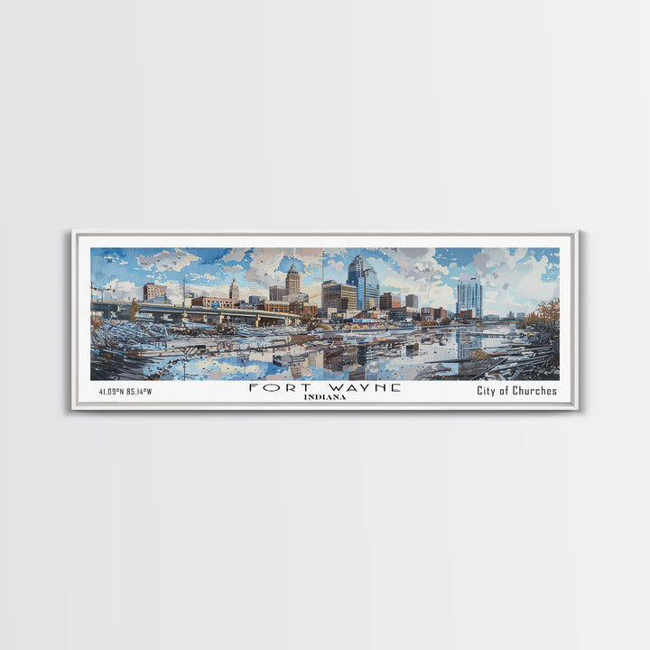 Fort Wayne Indiana Panoramic Watercolor Painting, Scenic Framed Canvas Print, Urban Wall Art for Office, Travel Decor, City Print, Gift Idea
