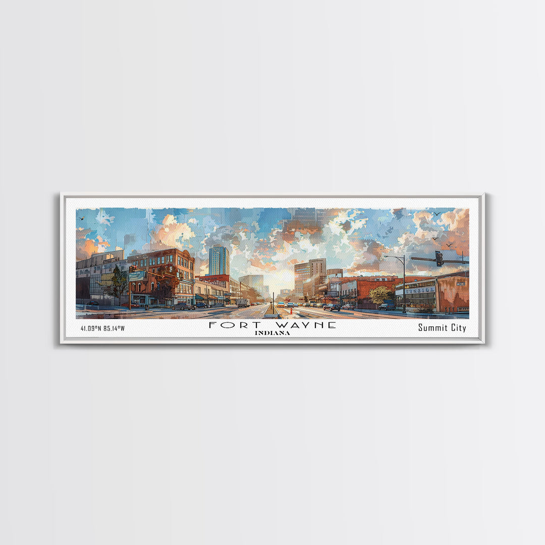 Fort Wayne Indiana Panoramic Watercolor Painting, Urban Framed Canvas Print, Cityscape Wall Art for Living Room, Travel Decor, Home Gift Idea