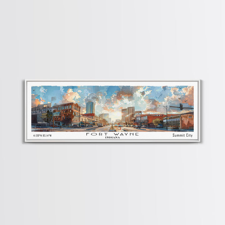 Fort Wayne Indiana Panoramic Watercolor Painting, Urban Framed Canvas Print, Cityscape Wall Art for Living Room, Travel Decor, Home Gift Idea