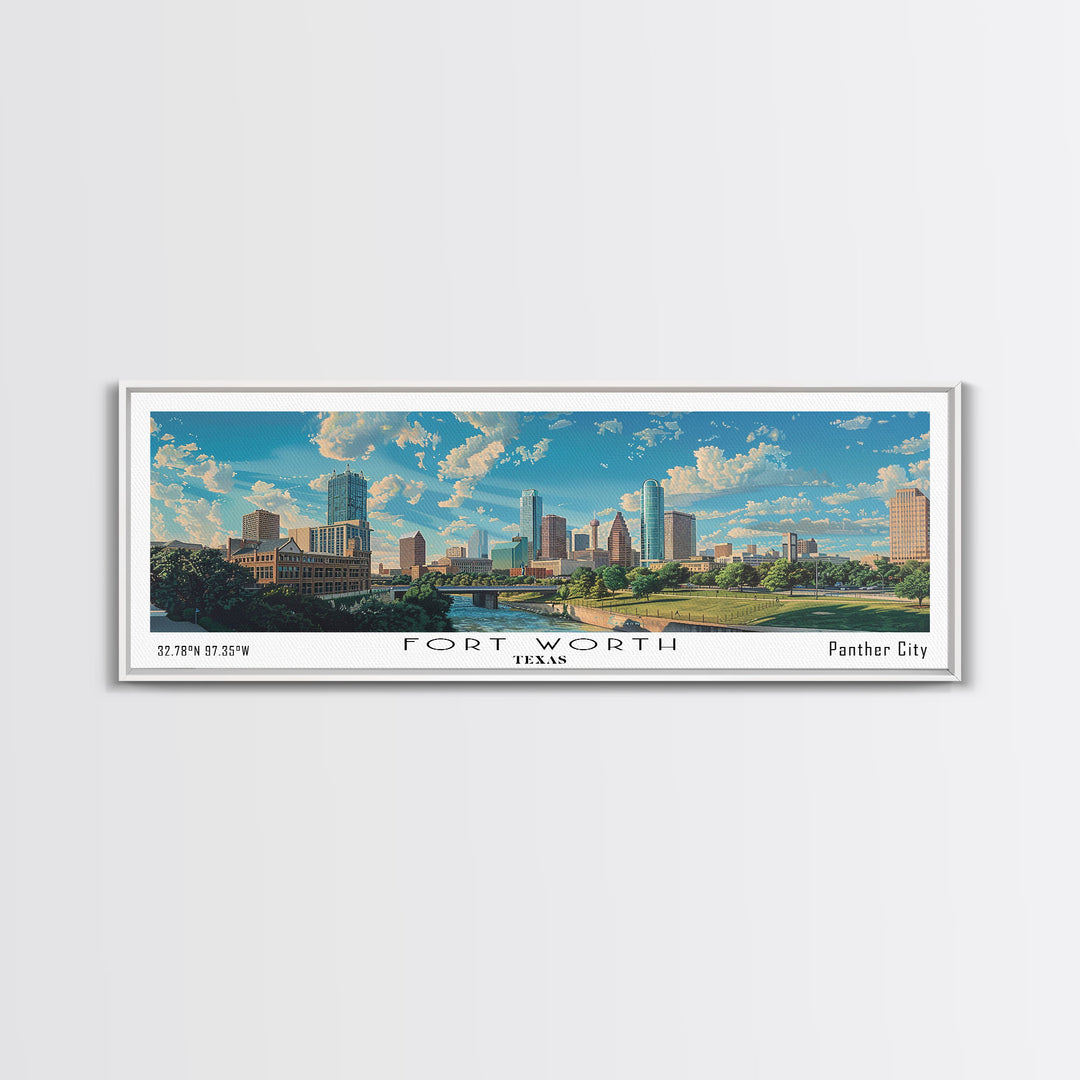 Fort Worth Texas Panoramic Watercolor Painting, Urban Framed Canvas Print, Cityscape Wall Art for Living Room, Travel Decor, Office Art, Gift Idea