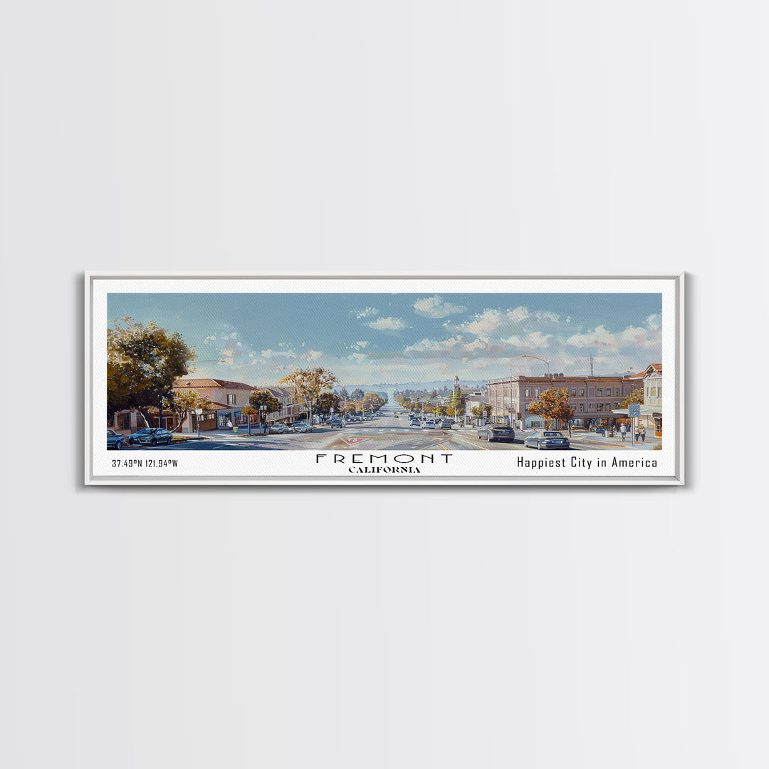 Fremont California Panoramic Watercolor Painting, Scenic Framed Canvas Print, Urban Wall Art for Office, Travel Poster, Home Decor, City Gift Idea