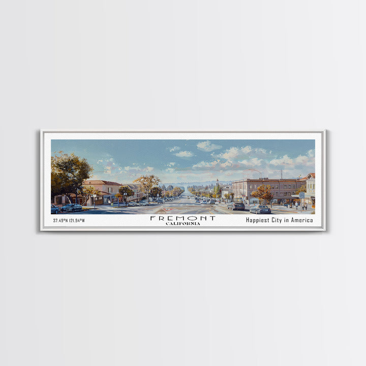 Fremont California Panoramic Watercolor Painting, Scenic Framed Canvas Print, Urban Wall Art for Office, Travel Poster, Home Decor, City Gift Idea