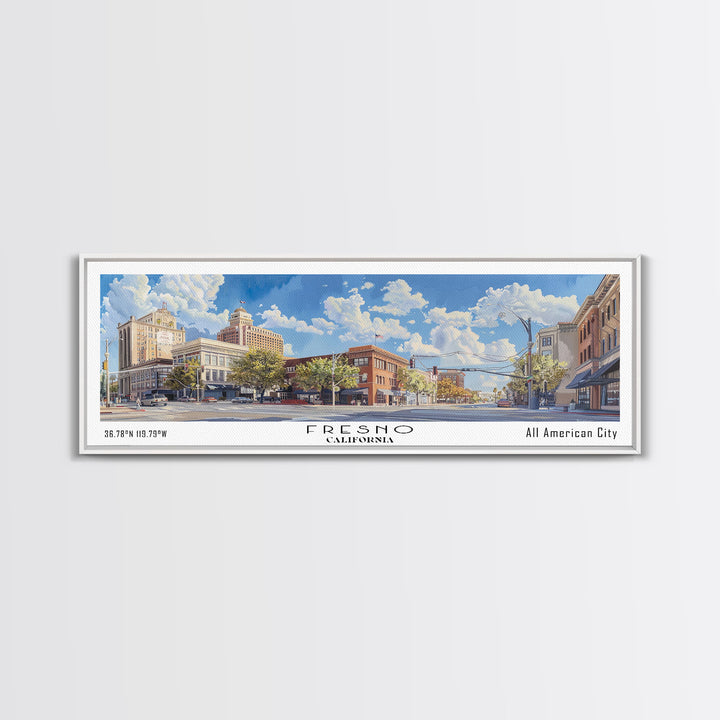 Fresno California Panoramic Watercolor Painting, Scenic Framed Canvas Print, Urban Wall Art for Living Room, Travel Decor, City Print, Gift Idea