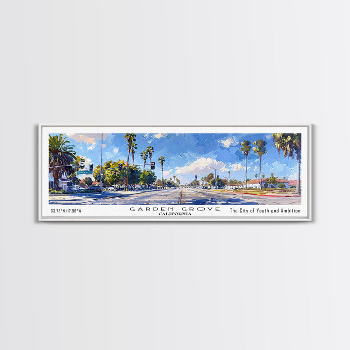 Garden Grove California Panoramic Watercolor Painting, Urban Framed Canvas Print, Cityscape Wall Art for Living Room, Travel Decor, Office Art, Gift Idea
