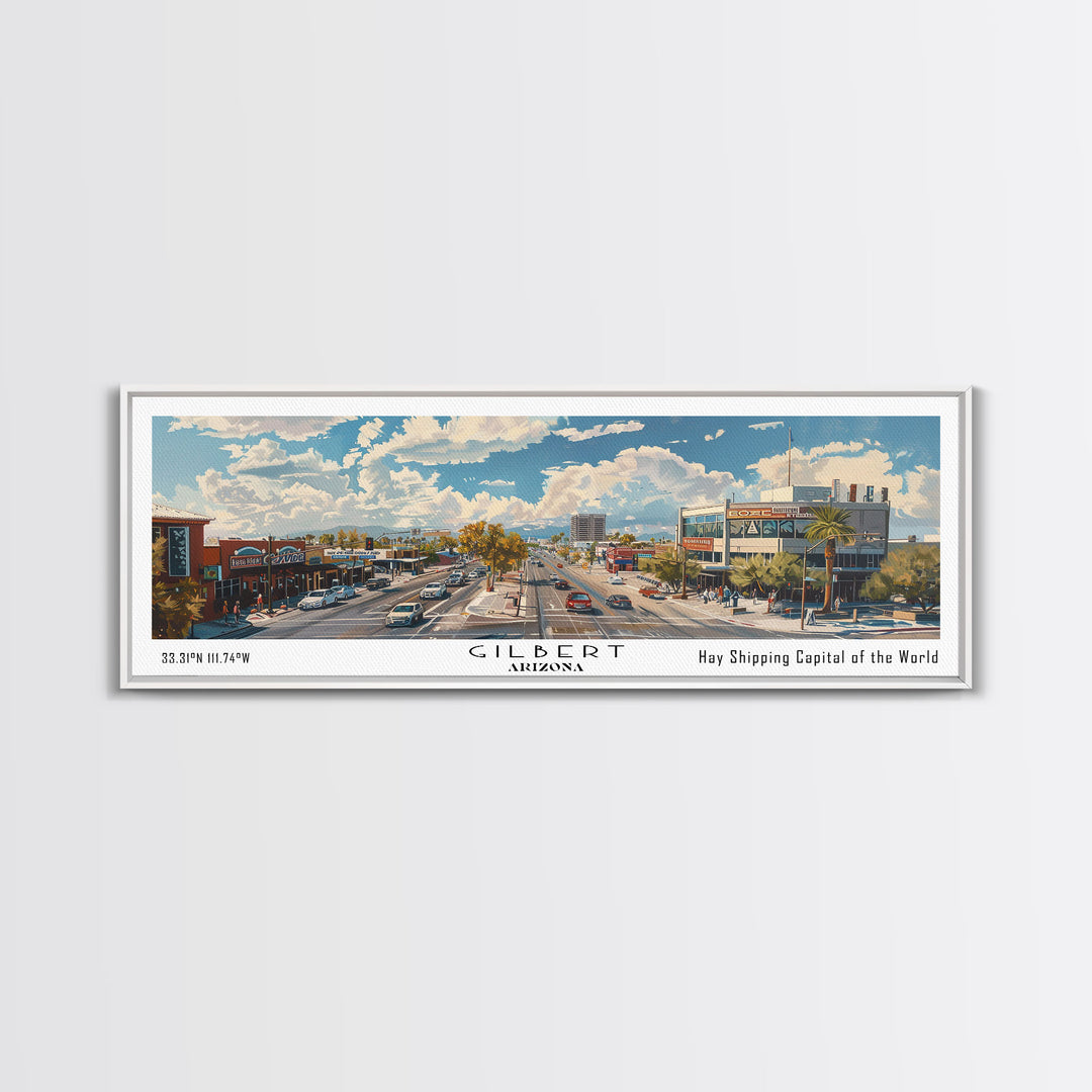 Gilbert Arizona Panoramic Watercolor Painting, Urban Framed Canvas Print, Cityscape Wall Art for Office, Travel Decor, Home Gift Idea