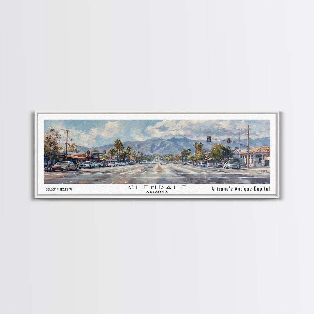 Glendale Arizona Panoramic Watercolor Painting, Urban Framed Canvas Print, Cityscape Wall Art for Office, Travel Decor, Home Gift Idea