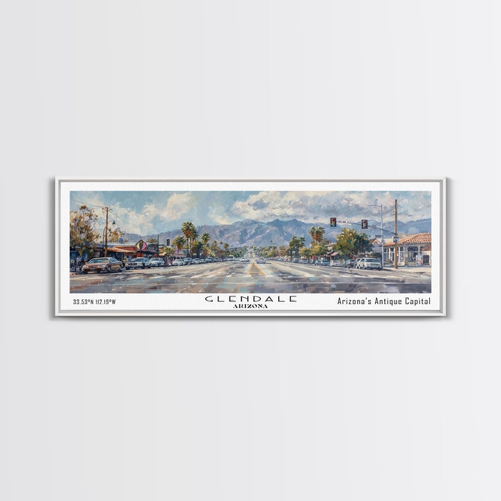 Glendale Arizona Panoramic Watercolor Painting, Urban Framed Canvas Print, Cityscape Wall Art for Office, Travel Decor, Home Gift Idea