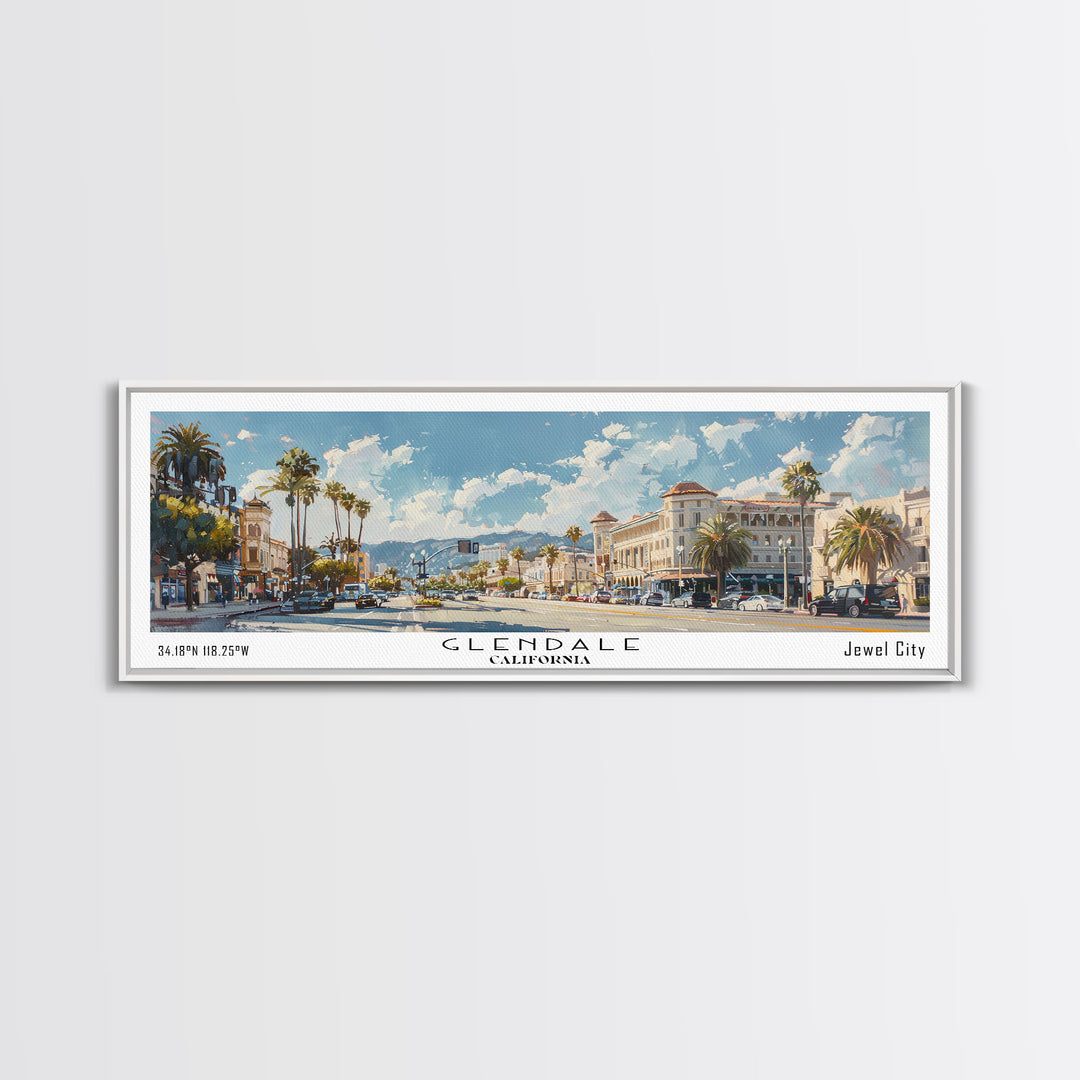 Glendale California Panoramic Watercolor Painting, Urban Framed Canvas Print, Cityscape Wall Art for Living Room, Travel Poster, Home Decor, City Gift Idea