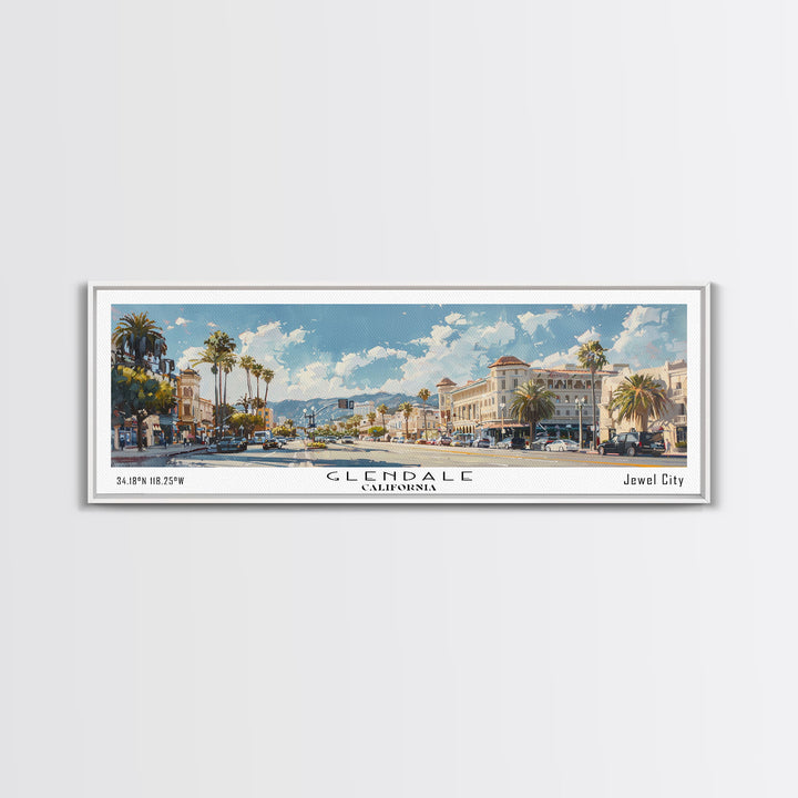 Glendale California Panoramic Watercolor Painting, Urban Framed Canvas Print, Cityscape Wall Art for Living Room, Travel Poster, Home Decor, City Gift Idea