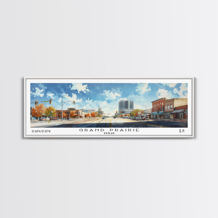 Grand Prairie Texas Panoramic Watercolor Painting, Urban Framed Canvas Print, Cityscape Wall Art for Living Room, Travel Decor, Home Gift Idea