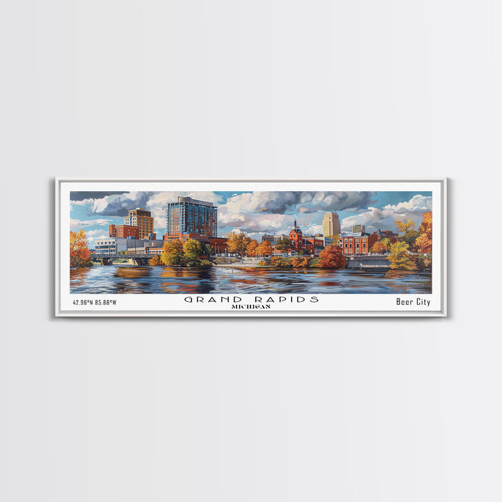 Grand Rapids Michigan Panoramic Watercolor Painting, Urban Framed Canvas Print, Cityscape Wall Art for Office, Travel Decor, Home Gift Idea