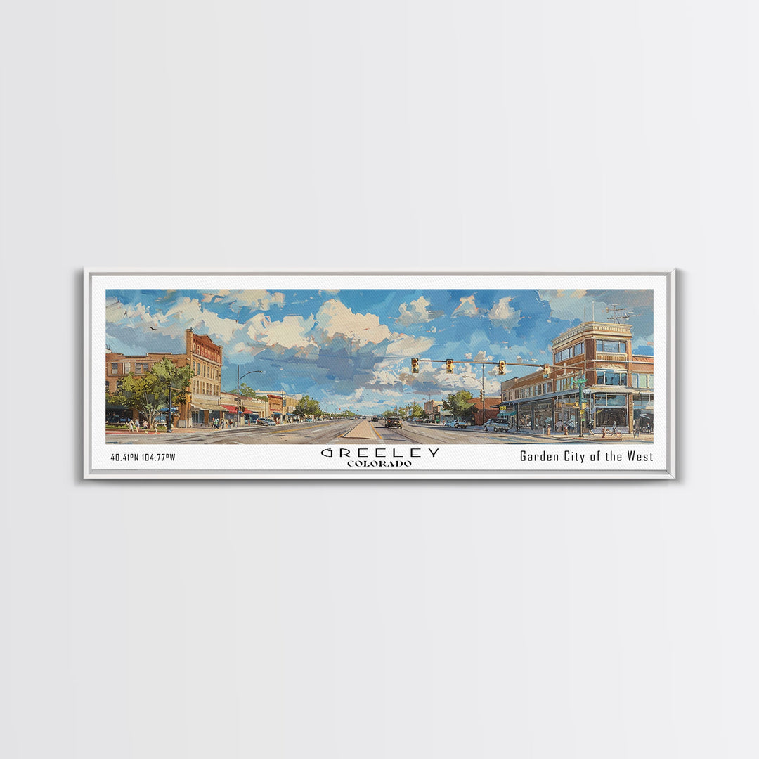Greeley Colorado Panoramic Watercolor Painting, Urban Framed Canvas Print, Cityscape Wall Art for Living Room, Travel Poster, Home Decor, City Gift Idea